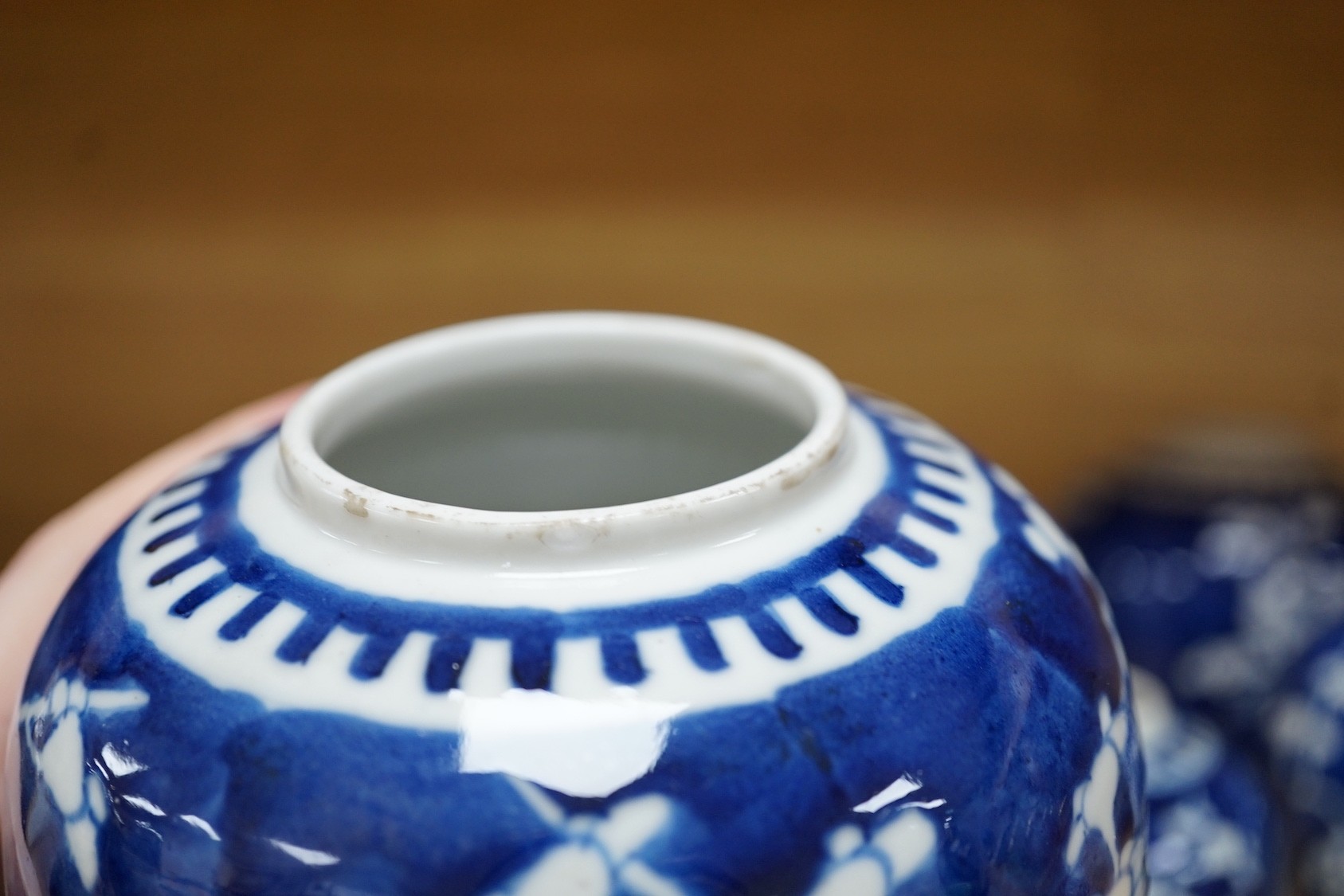 Four Chinese blue and white ‘prunus’ jars, tallest 14cms high